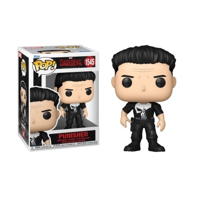 Boneco Funko Pop! Punisher da Marvel com uniforme preto e símbolo de caveira, ao lado da caixa original.