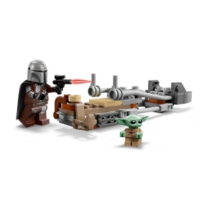 Brinquedo de blocos com minifiguras do Mandaloriano e Grogu e uma pequena nave