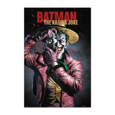 Poster ilustrado do Joker com câmara e texto Batman The Killing Joke