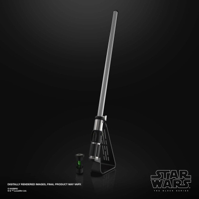 Sabre de luz Star Wars prateado e preto sobre suporte preto com fundo preto