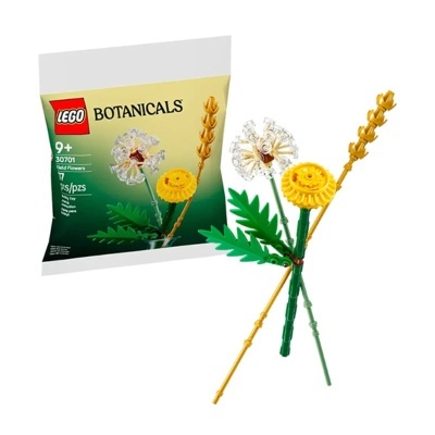 Conjunto LEGO BOTANICALS com flores amarelas e verdes e embalagem em fundo degradê verde e amarelo.