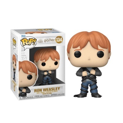 Figurina Funko Pop! de Ron Weasley com cabelo ruivo e roupa preta e azul, ao lado da caixa original.