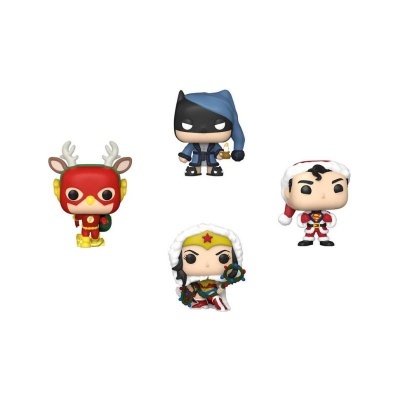 Quatro bonecos Funko Pop com roupas natalícias e de super-heróis.