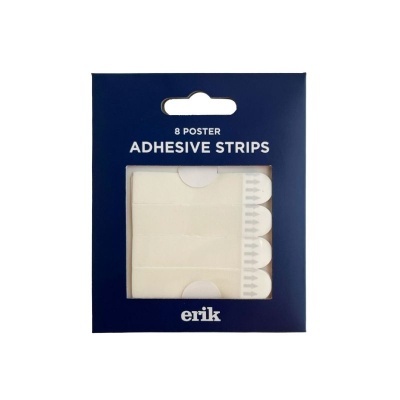 Embalagem azul com tiras adesivas para posters brancas