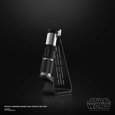 Sabre de luz Star Wars metálico em suporte preto sobre fundo negro