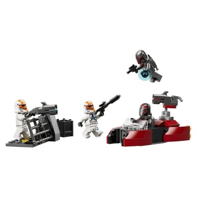 Figuras LEGO de soldados clonados, Mandaloriano e veículo de combate em cores vermelhas, cinza e branco
