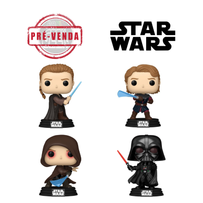 Quatro figuras Funko Pop Star Wars com base preta e texto branco