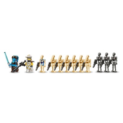 Figuras LEGO Star Wars em linha sobre fundo branco