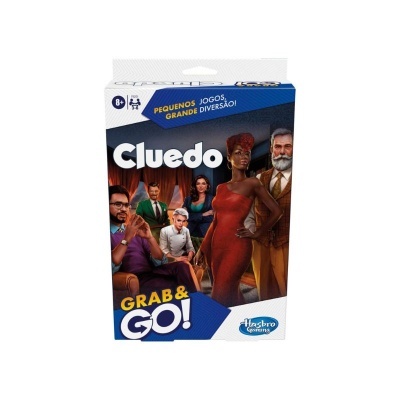 Embalagem do jogo Cluedo Grab & Go da Hasbro com personagens e texto promocional