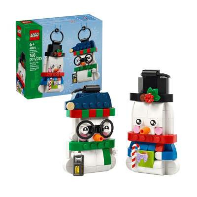 Set LEGO de enfeites bonecos de neve com 168 peças e embalagem azul e verde