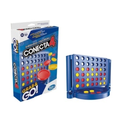 Jogo de tabuleiro Conecta 4 em plástico azul com peças amarelas e vermelhas e embalagem azul