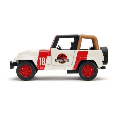 Carrinha de brinquedo Jeep branco com detalhes vermelhos e logo Jurassic Park