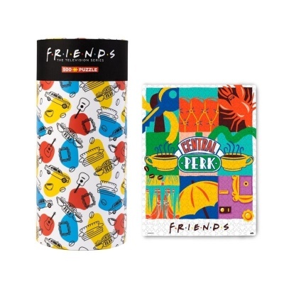 Embalagem cilíndrica e puzzle montado do tema FRIENDS com texto FRIENDS, CENTRAL PERK e ilustrações coloridas.