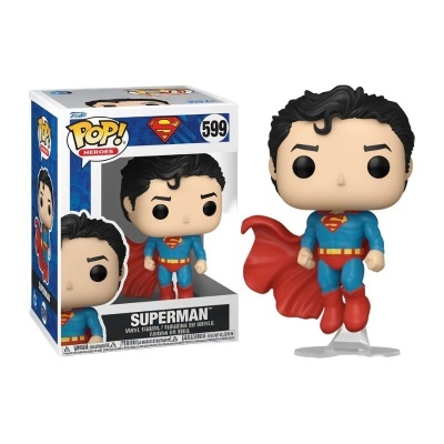 Funko Pop do Superman em vinil com capa vermelha, ao lado da caixa número 599