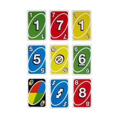 Cartas do jogo UNO com vários números e símbolos coloridos.