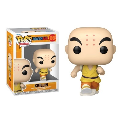Boneco Funko Pop do Krillin de Dragon Ball em roupa amarela e laranja em posição de corrida