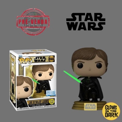 Funko Pop! figura Luke Skywalker Legends com sabre de luz verde que brilha no escuro e caixa de embalagem