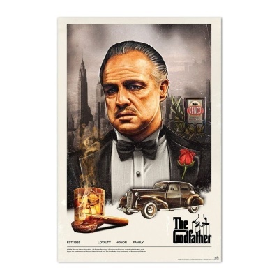 Pôster do filme The Godfather com personagem clássico, bebida, charuto e texto temático.