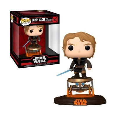 Figura Funko Pop Star Wars com personagem de cabelo castanho claro e sabre azul na base decorada