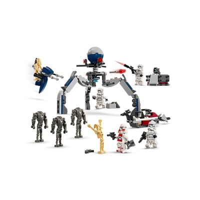 Conjunto de brinquedos de montar Star Wars com robôs, soldados e veículos em fundo branco
