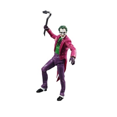 Figura de ação do Coringa com casaco vermelho e calças roxas.