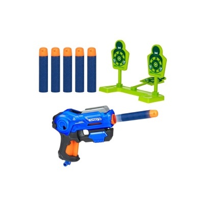 Conjunto de brinquedo com pistola azul, seis dardos de espuma e dois alvos verdes