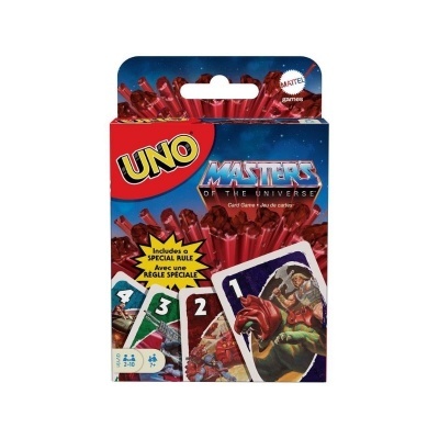 Jogo de cartas UNO Masters of the Universe com cartas ilustradas e embalagem vermelha e azul