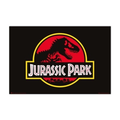 Logótipo do filme Jurassic Park com dinossauro T-Rex em círculo vermelho e texto no centro