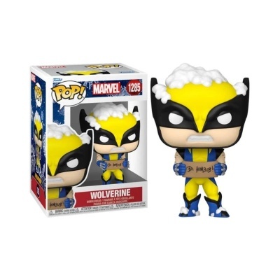 Figura Funko Pop Wolverine Marvel número 1285 com espuma branca na cabeça e corpo, fato amarelo e preto, segurando prancha, com caixa ao lado.