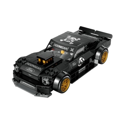 Modelo de carro preto em blocos de construção com rodas douradas e adesivos HOONIGAN e Ford