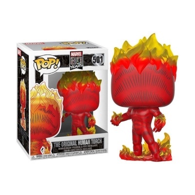 Figura Funko Pop Original Human Torch da Marvel com chamas coloridas em fundo branco