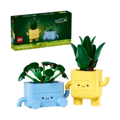 Duas plantas LEGO amarelo e azul com folhas verdes ao lado da caixa do produto