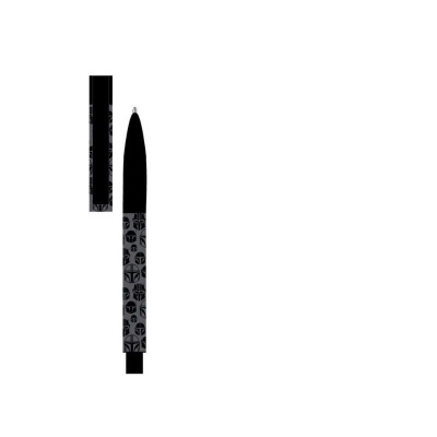 Caneta esferográfica preta e cinza com decoração geométrica