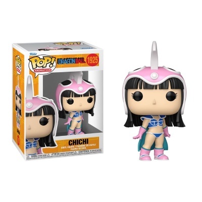 Funko Pop! de Chichi do Dragon Ball com capacete rosa e roupa azul junto à sua caixa