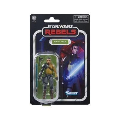 Figura de ação Star Wars Rebels Kanan Jarrus em embalagem preta com texto e ilustração do personagem.