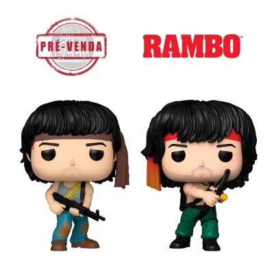 Duas figuras colecionáveis Funko Pop do Rambo com armas, fundo branco com texto PRÉ-VENDA e RAMBO em vermelho