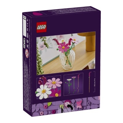 Caixa LEGO roxa com conjunto para montar vaso de flores coloridas em LEGO