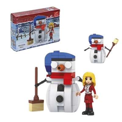 Blocos de montar com boneco de neve, boneca e caixa de embalagem