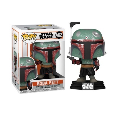 Funko Pop! Boba Fett Star Wars nº 462 com capacete verde e vermelho desgastado, base preta, em vinil.