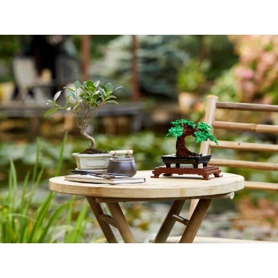 Mesa redonda de madeira com plantas em vasos pequenos e bonsai LEGO.