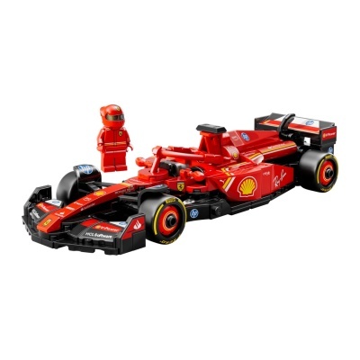 Carro de Fórmula 1 Ferrari LEGO vermelho com mini figura vermelha e logos de patrocinadores