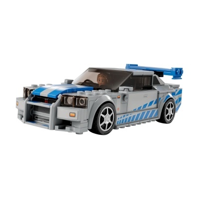 Carro desportivo de blocos de construção cinzento e azul com mini figura dentro