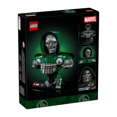 Caixa do conjunto LEGO Marvel Doctor Doom com busto verde e cinza e minifigura