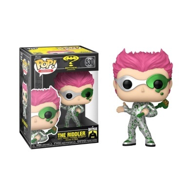 Figura Funko Pop! The Riddler de Batman, penteado rosa e fato branco com símbolos verdes, na caixa original