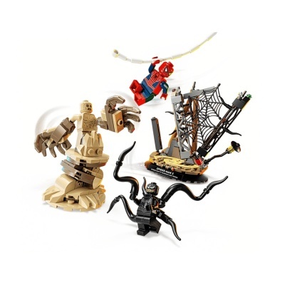 Figuras LEGO Spider-Man 3 com personagens, tentáculos e estrutura com teia em base preta