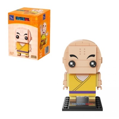 Boneco de construção Krillin de Dragon Ball com base preta e caixa laranja