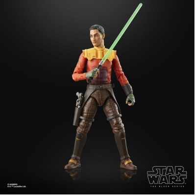Figura de ação Star Wars com espada de luz verde e roupa vermelha e castanha