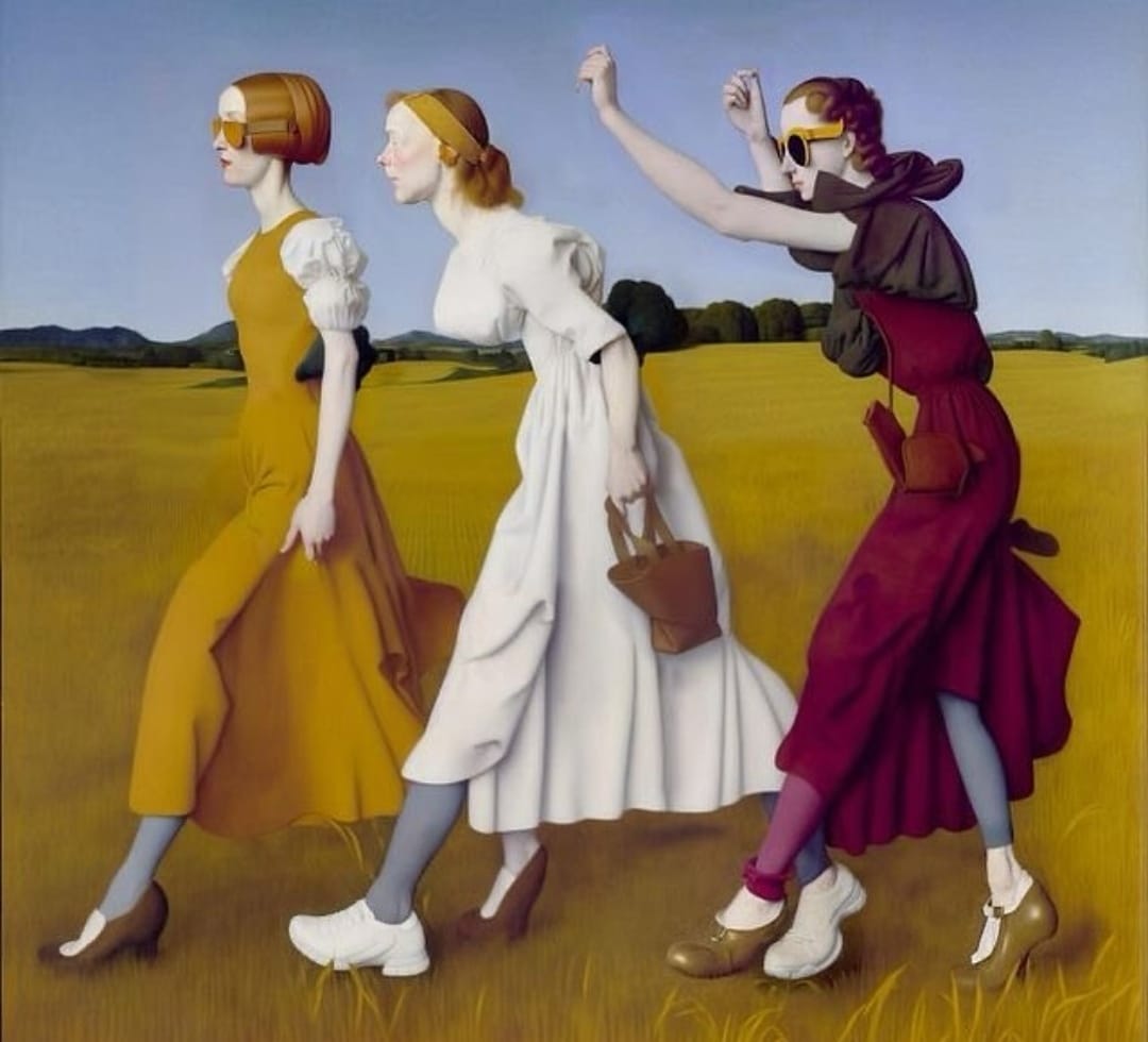 Três mulheres a caminhar em vestido amarelo, branco e vinho num campo com céu azul.