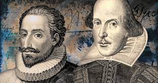 Gravuras de dois homens históricos com golas rendadas e fundo azul e castanho