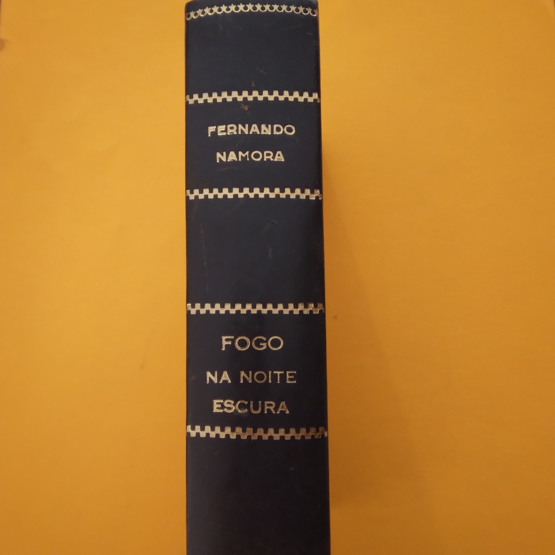 Fogo na Noite Escura, Fernando Namora Lombada de livro azul com texto dourado FERNANDO NAMORA e FOGO NA NOITE ESCURA.